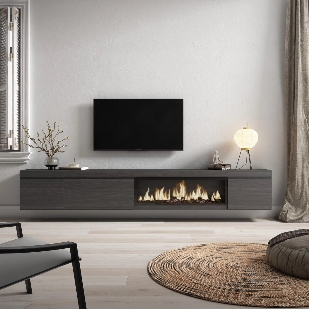 Mobile TV Soggiorno, 288x35x45cm, TV di grande formato, Camino elettrico XXL, da appendere, Nero RF3611