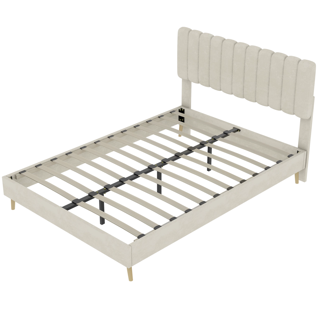 Letto imbottito 160 x 200 cm in tessuto beige con struttura in metallo