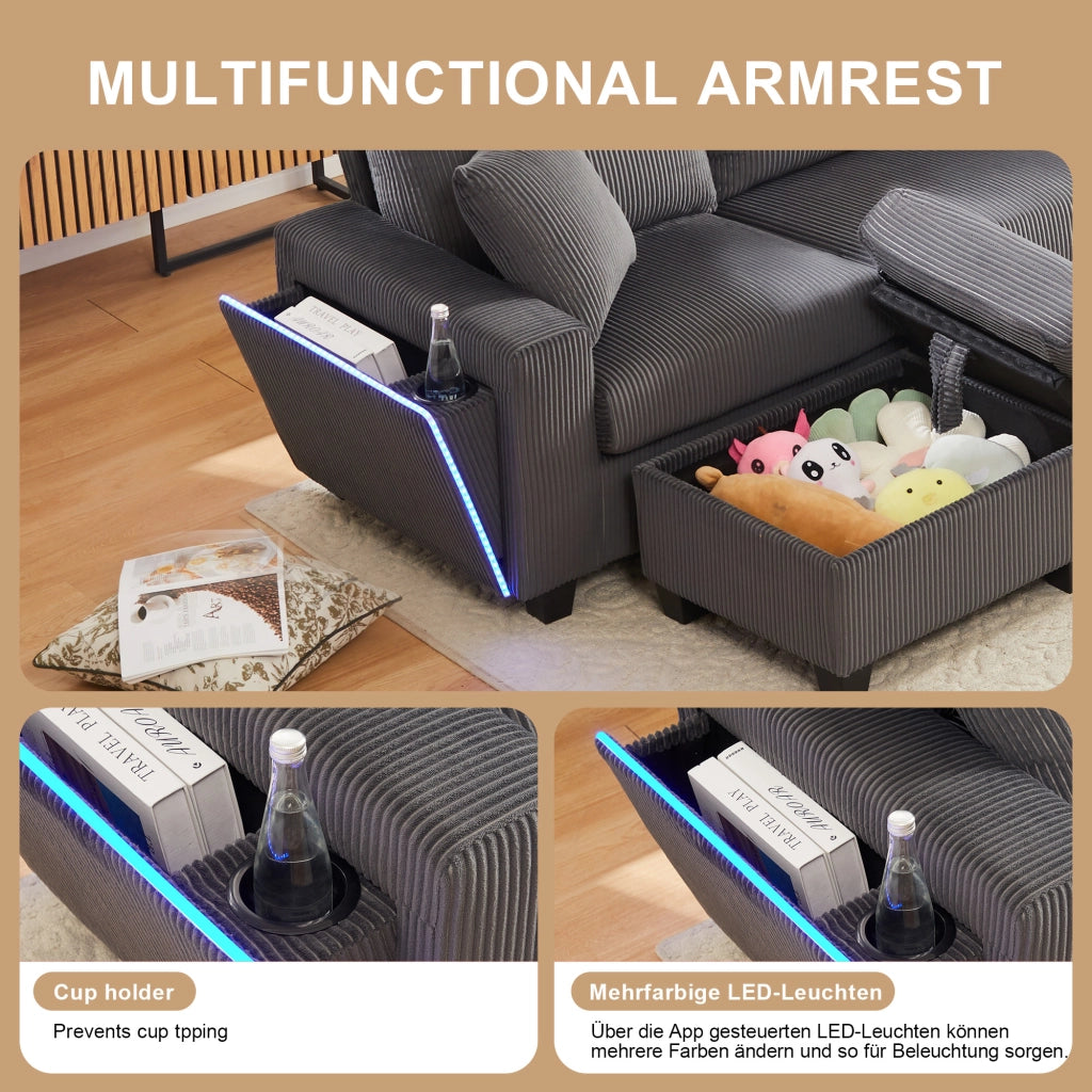 Divano a U con contenitore; lampada e USB in velluto a coste grigio 334×128.5×81 cm