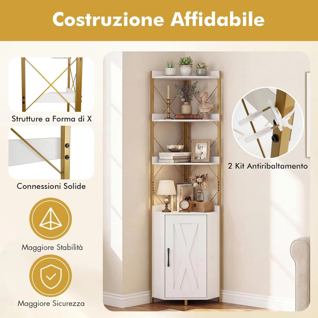 Libreria a 5 Ripiani, Mensola ad Angolo con Spazio di Archiviazione, Armadio ad Angolo con Paraspigoli Anticaduta, Autoportante, con 2 Kit Antiribaltamento, 38 x 38 x 180 cm (Bianco)