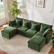 Divano modulare da 4 a 6 posti in chenille verde a U o L con 2 pouf e 6 cuscini 278 × 161 × 81 cm