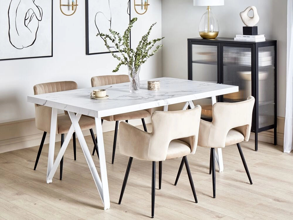 Tavolo da pranzo Piano in MDF effetto marmo bianco 160 x 90 cm Gambe in metallo incrociate a X Tavolo da cucina