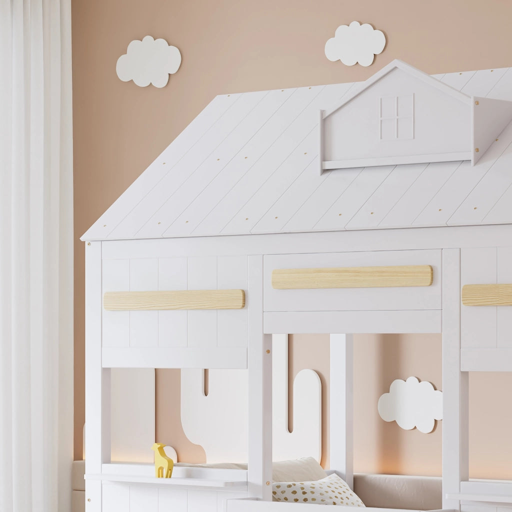 Letto a soppalco 90x200 cm con libreria e rete a doghe in legno e MDF bianco