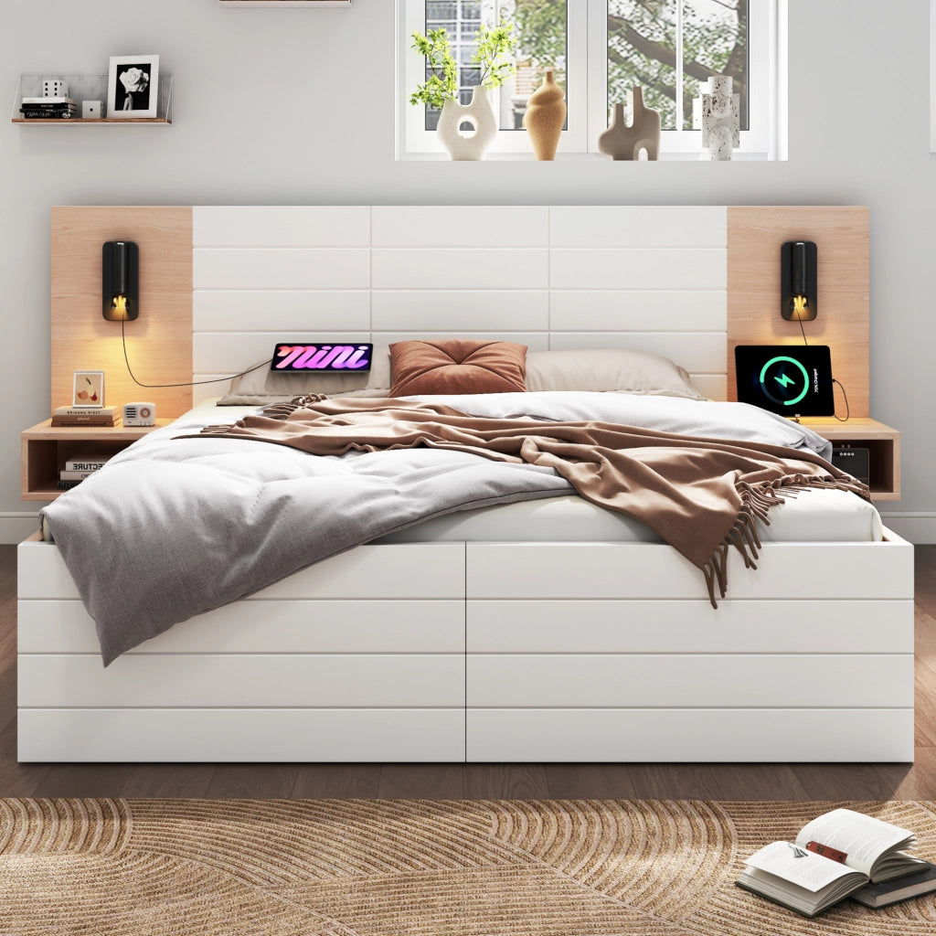Letto matrimoniale 160x200 cm con luci da lettura, USB e 2 cassetti