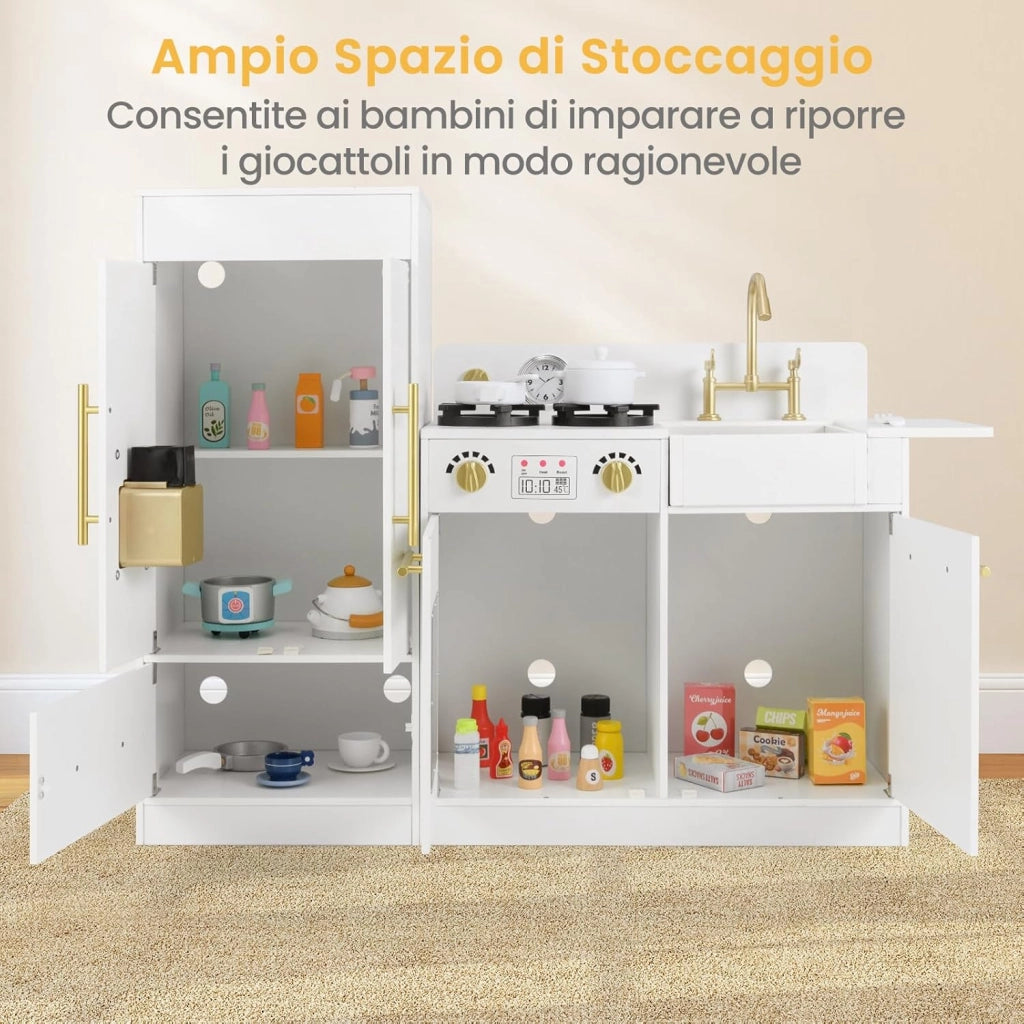 Cucina Giocattolo per Bambini, Cucina per Bambini in Legno con Frigorifero, Fornello, Lavandino, Macchina per il Ghiaccio, Orologio, Lavastoviglie e Accessori, per 3+ Anni