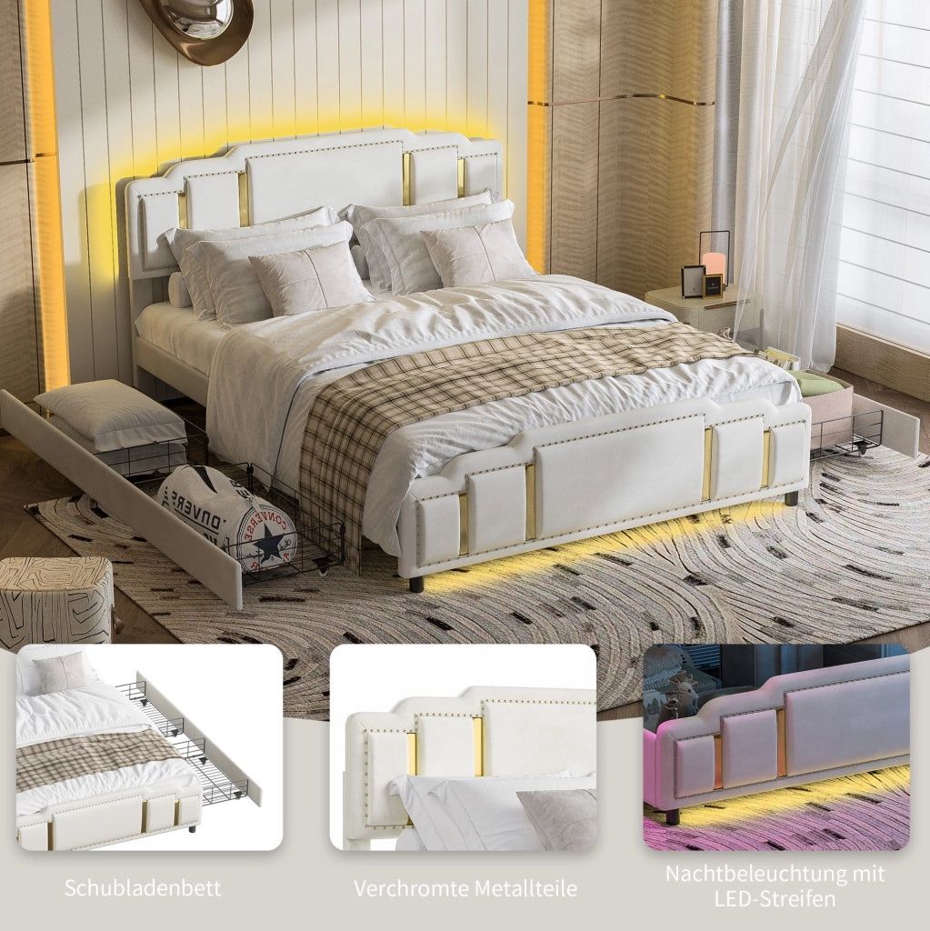 Letto matrimoniale 140x200 cm imbottito beige in velluto con cassetti e dettagli dorati
