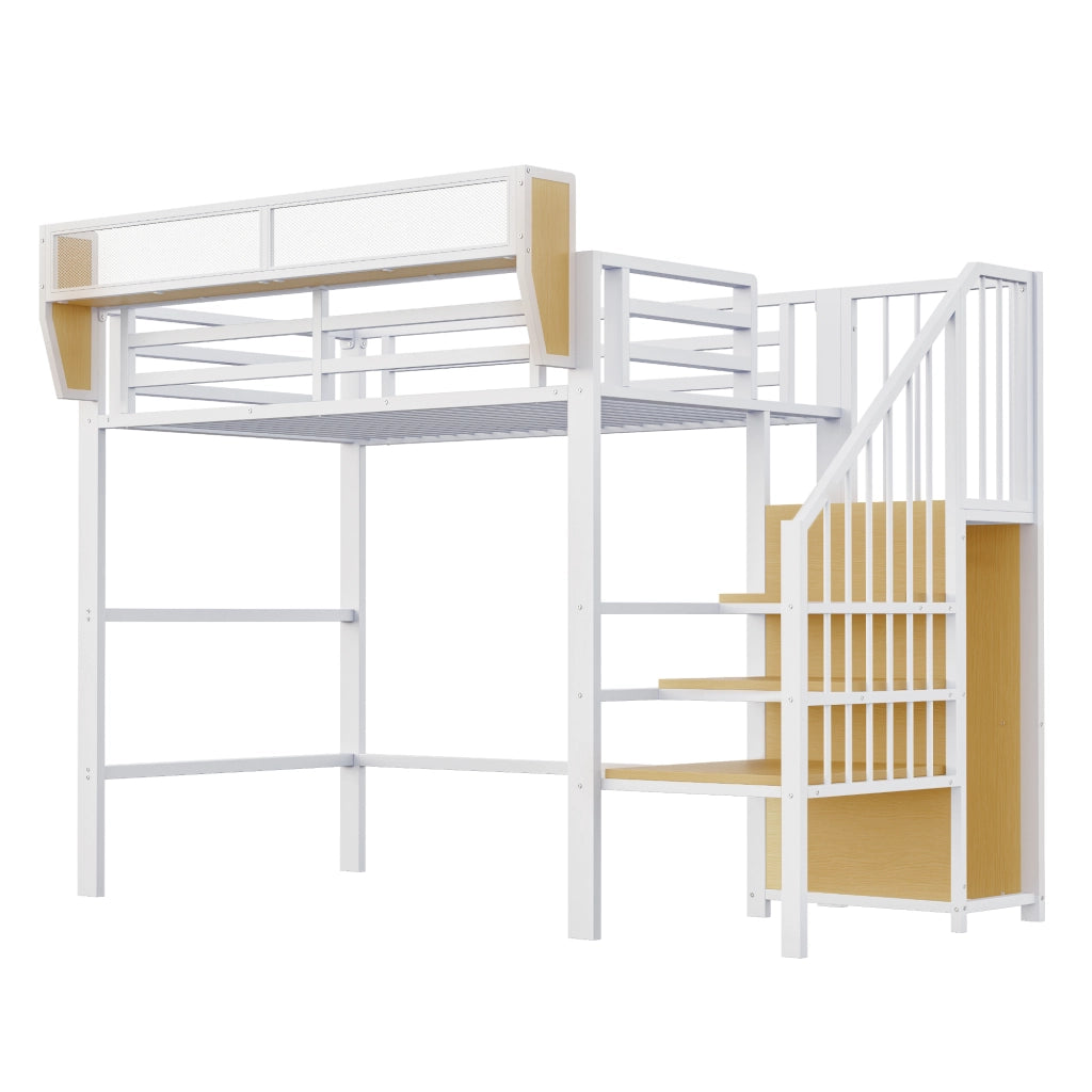 Letto a soppalco singolo 90×200 cm con scaletta di sicurezza e ripiano regolabile; senza materasso; metallo; bianco