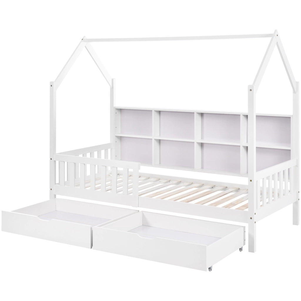 Letto a casa per bambini bianco con funzione di stoccaggio in legno massello di pino 90x200 cm