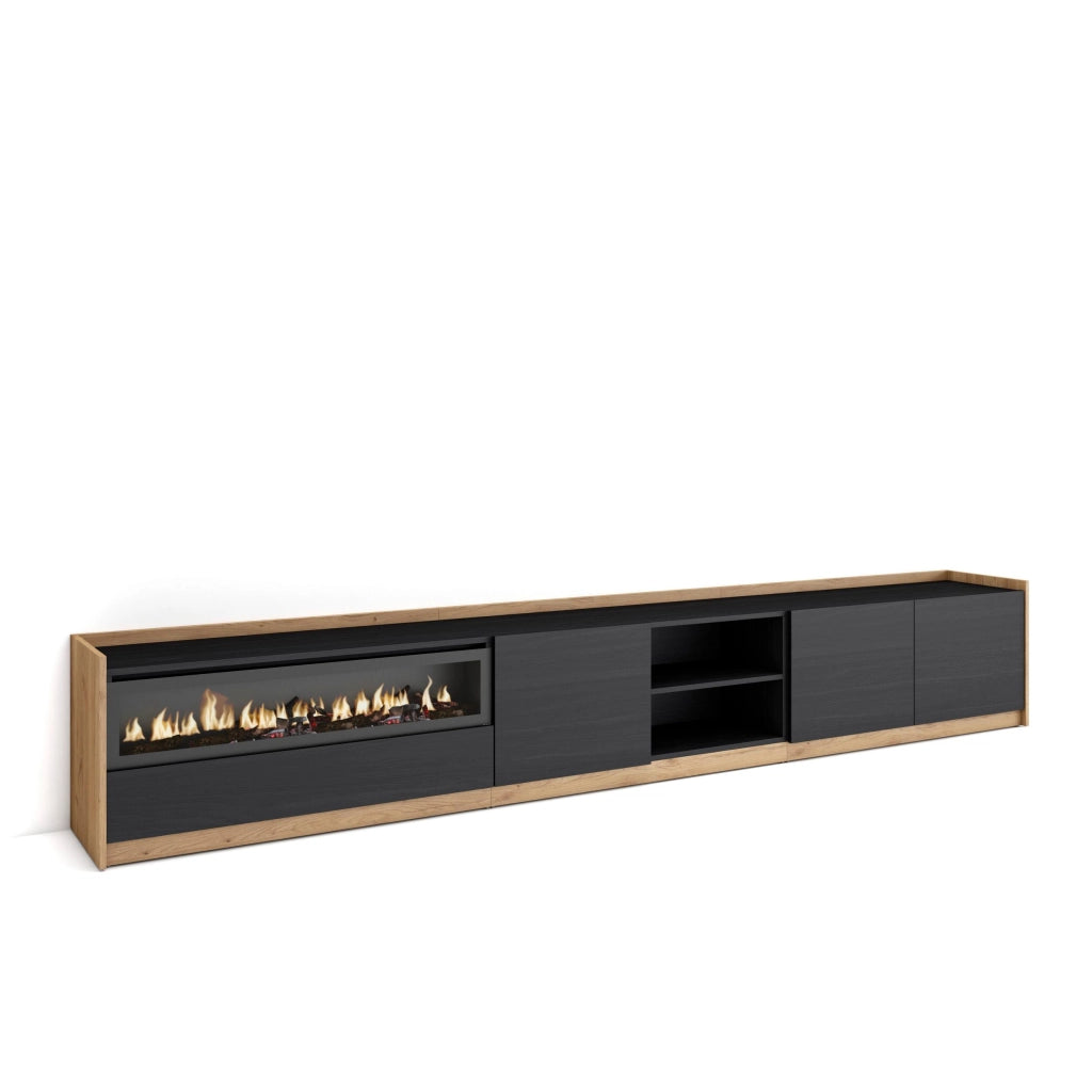 Mobile TV Soggiorno, 310x50x37 cm, Per TV fino a 80", Camino elettrico, Nero e rovere