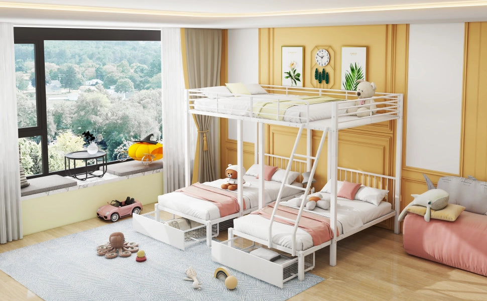 DESMIU Letto a castello 3 posti 140 × 200 cm e 2 × 90 × 200 cm con 2 cassetti, senza materasso, in metallo, bianco