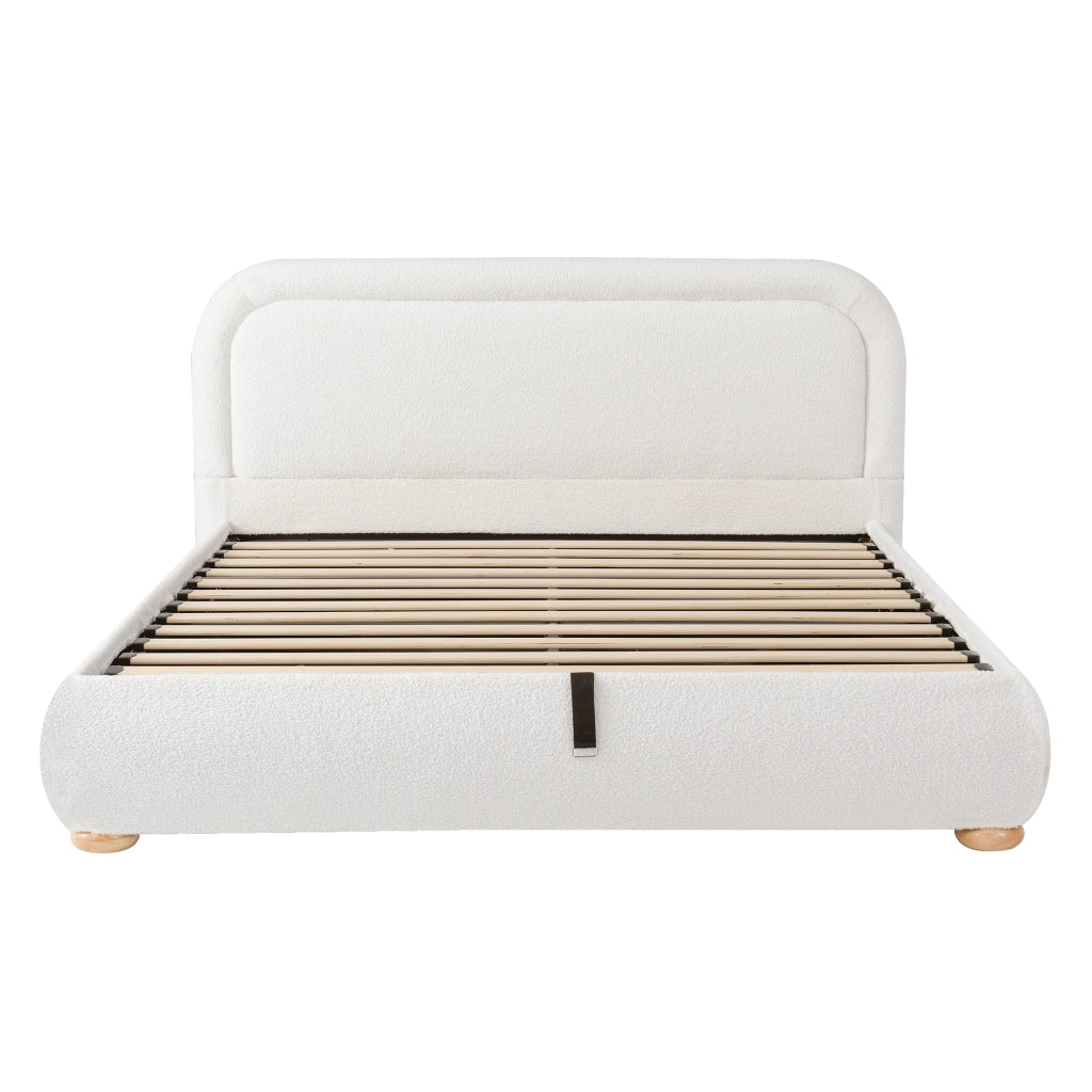 Letto matrimoniale 160x200 cm in bouclé bianco con contenitore idraulico, rete a doghe e struttura robusta