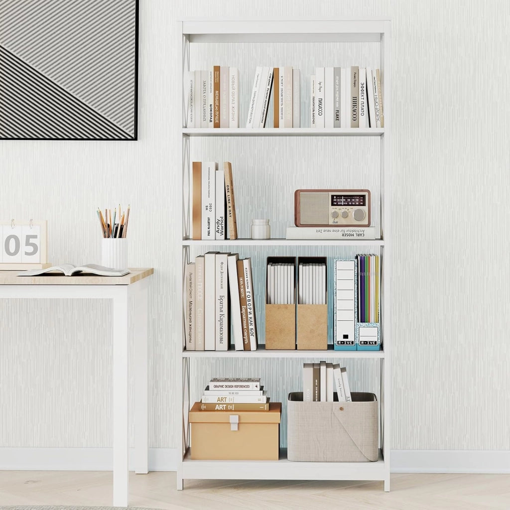 Libreria 5 Ripiani, Scaffale in Legno con Struttura Romboidale, Scaffale Espositivo Aperto Autoportante per Ufficio, Soggiorno e Camera da Letto, 70×30×155 cm
