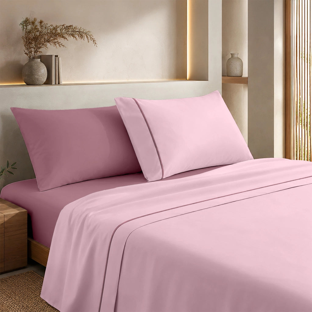 Completo Lenzuola Matrimoniale Bicolore in Tinta Unita, Cotone Certificato OEKO-TEX, Set 4 Pezzi con Lenzuolo Sopra, Sotto con Angoli e 2 Federe  Zephir-Orchidea