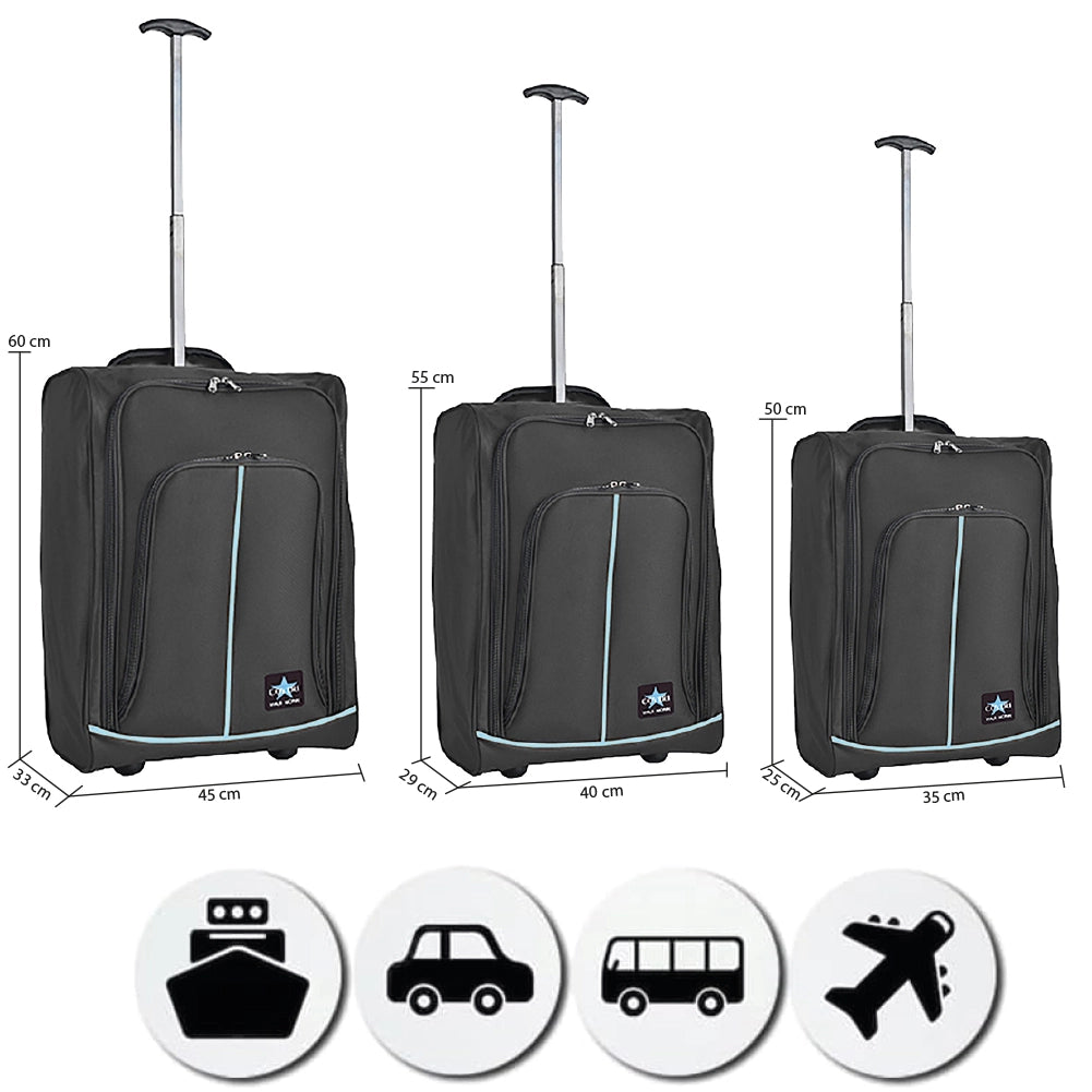 Set 3 Valigie Morbide Trolley da Viaggio Nero Bagaglio a Mano 50-55-60 cm
