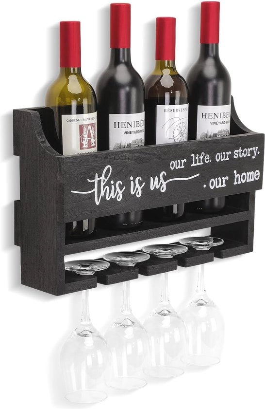 Supporto da Parete per Vino con Contenitore in Vetro - Pannello in Legno per Cucina e Salotto