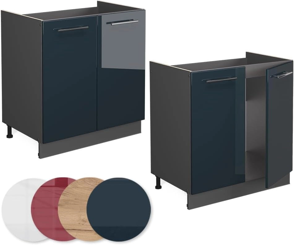 Mobile lavello cucina Fame-Line, Blu scuro lucido, 80 cm, PL Rovere, per la combinazione con altri moduli della serie Fame-Line