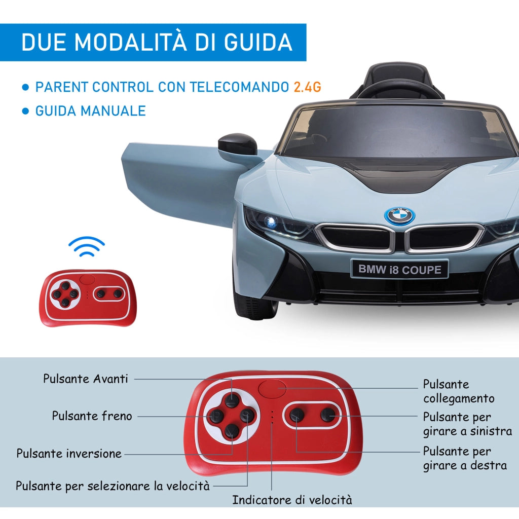Macchina Elettrica per Bambini 3-8 anni Licenza BMW I8 Coup¨¦ con Telecomando e 2 Porte, 115x72.5x46 cm, Blu