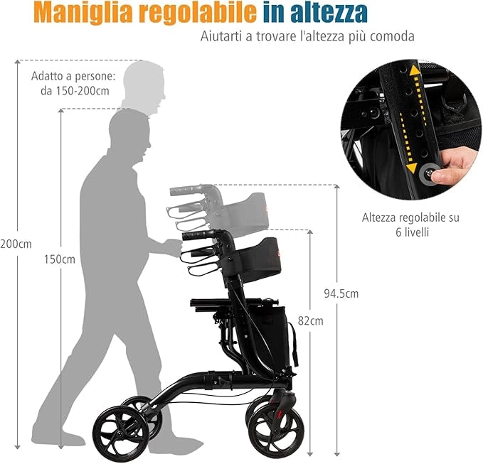 Deambulatore Pieghevole per Anziani Ultraleggero, con Sedile Borsa da Spesa e 4 Ruote Freno a Mano, Rollator Altezza Regolabile, Capacità 136kg, Lega di Alluminio, Nero (Nero)