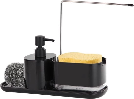 Dispensatore di sapone per cucina, 3-in-1 dispenser di sapone per cucina, dispenser di sapone per cucina, dispenser di sapone per vasca di lavaggio, piano di lavoro, organizzatore di ripostiglio (nero)