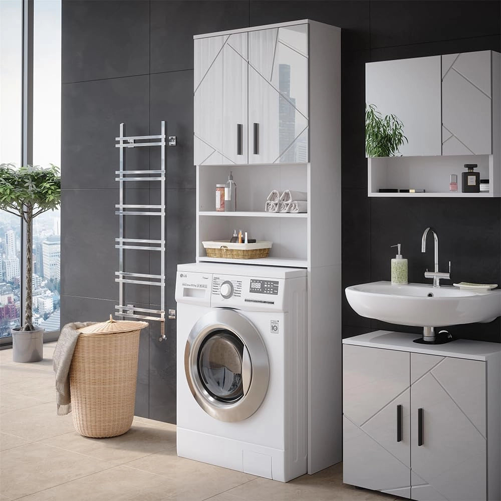 Mobiletto per lavatrice Irma, Bianco lucido, 64 x 190.5 cm, adatto per riporre oggetti e come supporto per lavatrici