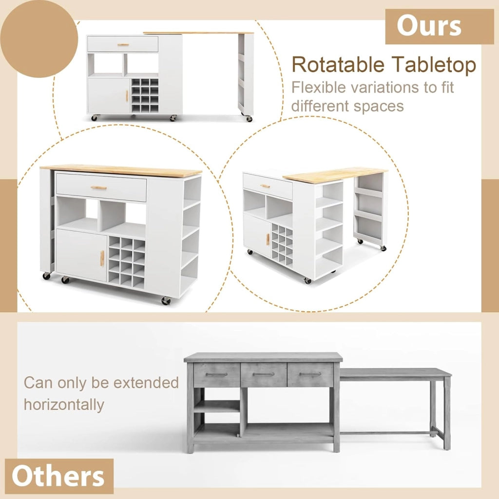 Carrello da cucina 2 in 1 con forma convertibile, isola di cucina, con ruote e spazio di archiviazione, cassetto, portabottiglie e ripiano regolabile, mobile per sala da pranzo (bianco)