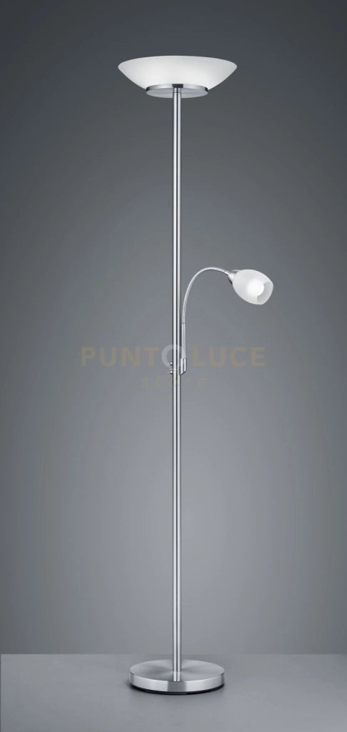 GERRY PIANTANA CON LAMPADA DA LETTURA METALLO ACCIAIO SATINATO CON DIFFUSORI VETRO BIANCO H. 180CM 2 LUCI ATTACCO E27 E E14