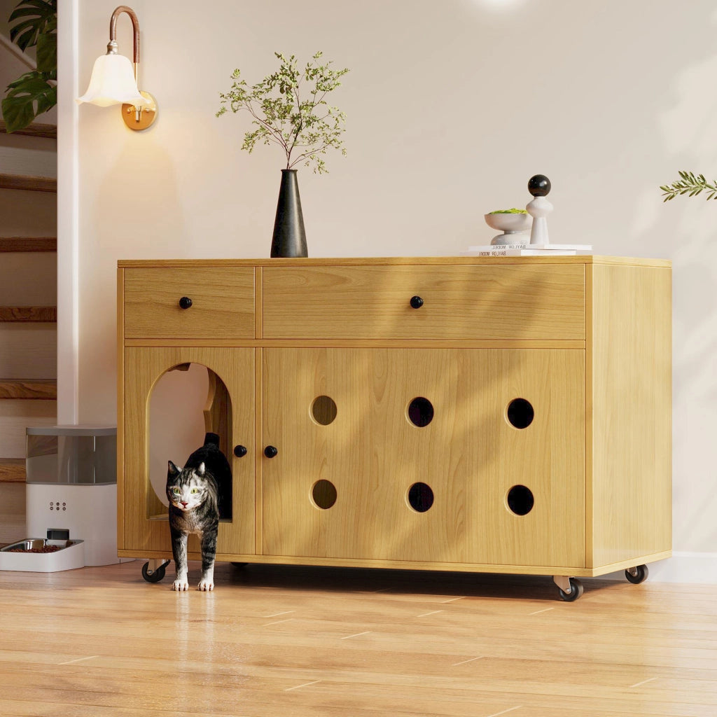 Mobile coperto per lettiera per gatti con 2 cassetti e ripiano superiore, per soggiorno, in MDF, naturale, 100 × 45 × 66 cm