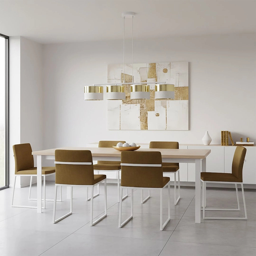 Lampada a sospensione Lux in acciaio bianco e oro