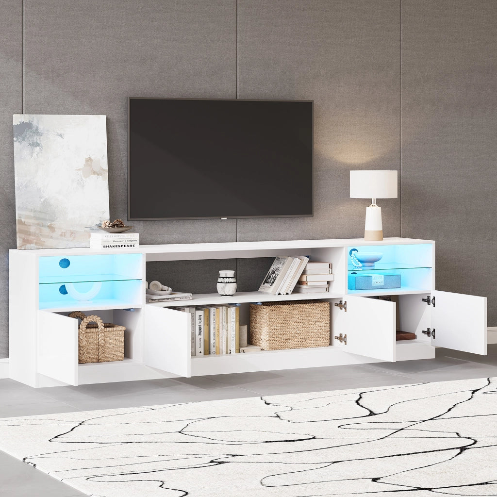 Mobile TV con illuminazione LED, 4 ante a battente, 8 vani contenitori, bianco lucido, 180 x 35 x 60 cm