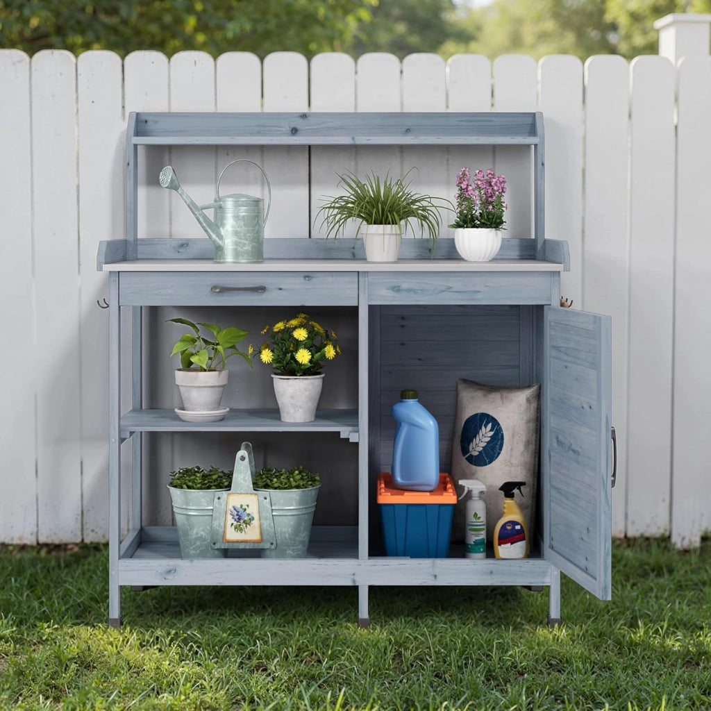 Tavolo da Giardinaggio,Tavolo per Piante,Tavolo Lavoro da Giardino in Legno Massello con Piano Lavoro, Ripiano Regolabile e Armadietto, Balcone, Terrazzo 112x46x125 cm Grigio