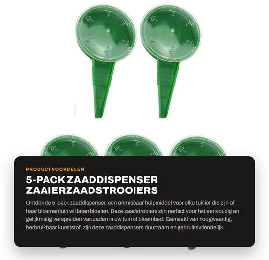 Dispensatore di semi per giardino 5-pack - Hermetico - Materiale riciclabile in plastica - Maniglia a giro per regolare la quantità - Dimensioni 12x6,5 cm - Facile da utilizzare - Semiante