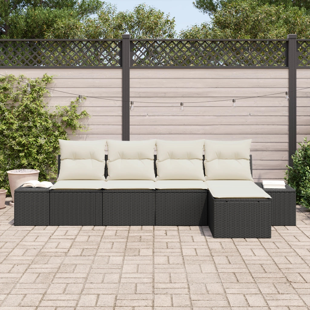 Set Divano da Giardino a 5 Pezzi con Cuscini Nero in Polirattan