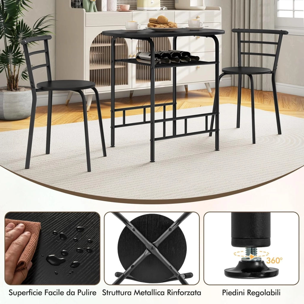 Tavolo da Pranzo con Sedie, Tavolo da Bar con Ripiano e 2 Sedie, Set Mobili da Bar per Sala da Pranzo, Balcone, in Legno e Metallo, Sedia Portata 150 kg (Nero)