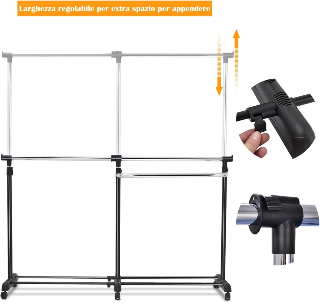 Stand Appendiabiti Attaccapanni da Terra, Porta Abiti con Ruote, in Acciaio, Design Regolabile e Salvaspazio, (91-160) x 43 x (93-168) cm, Nero