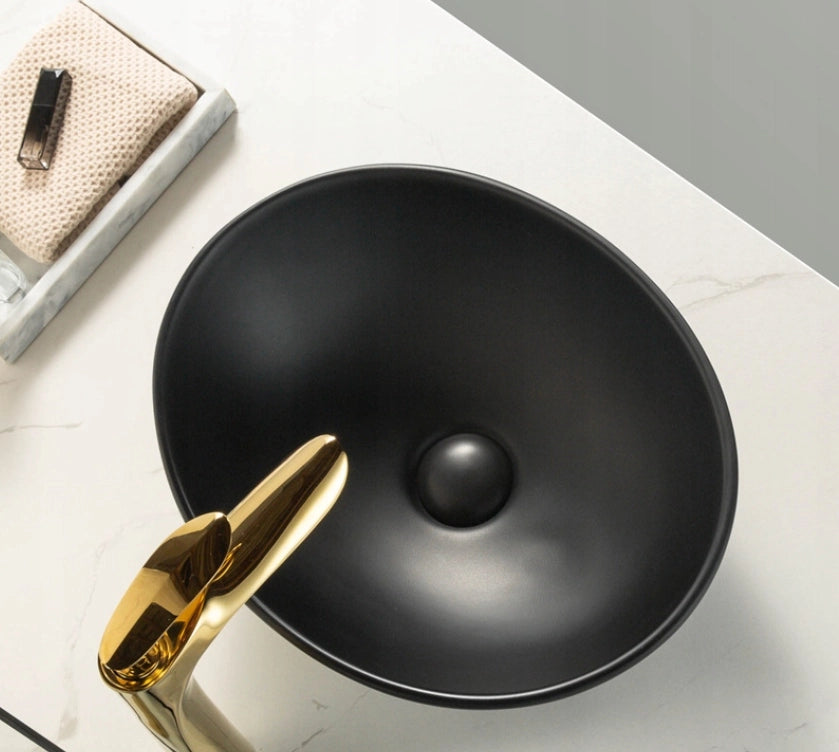 LAVABO DA APPOGGIO IN CERAMICA NERA OPACA 41x33 cm DA POSIZIONARE SU PIANO OVAL