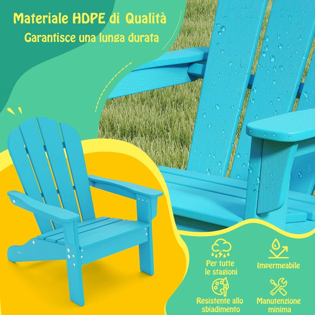 Sedia Adirondack per Bambini da Giardino, Sedie Ergonomica in HDPE con Schienale Inclinato e Braccioli, Poltrona per Interno ed Esterno, per Bambini 3 a 8 Anni, 52 x 53,5 x 64 cm (Azzuro)