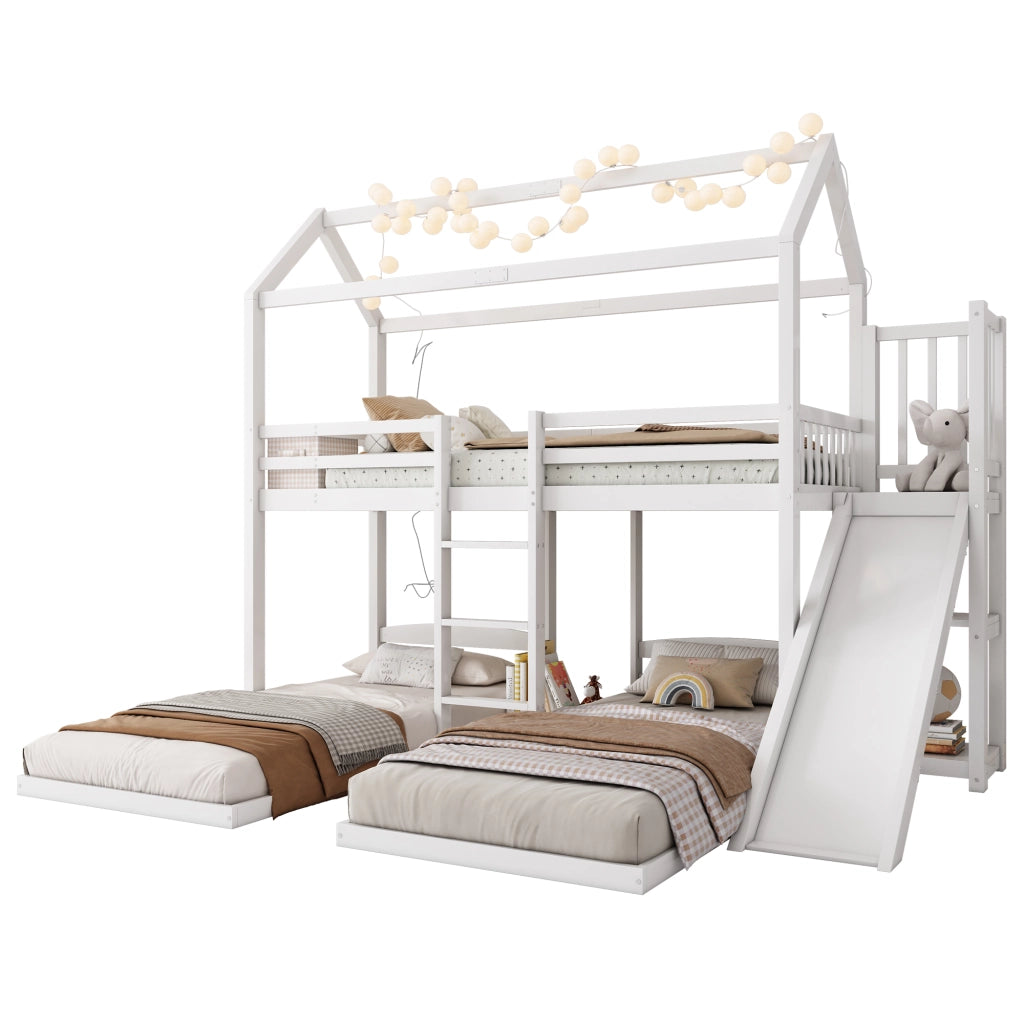 Letto a Castello 90x200 cm; Letto 3 Posti - con Scivolo e Scala - in Legno e MDF - Bianco