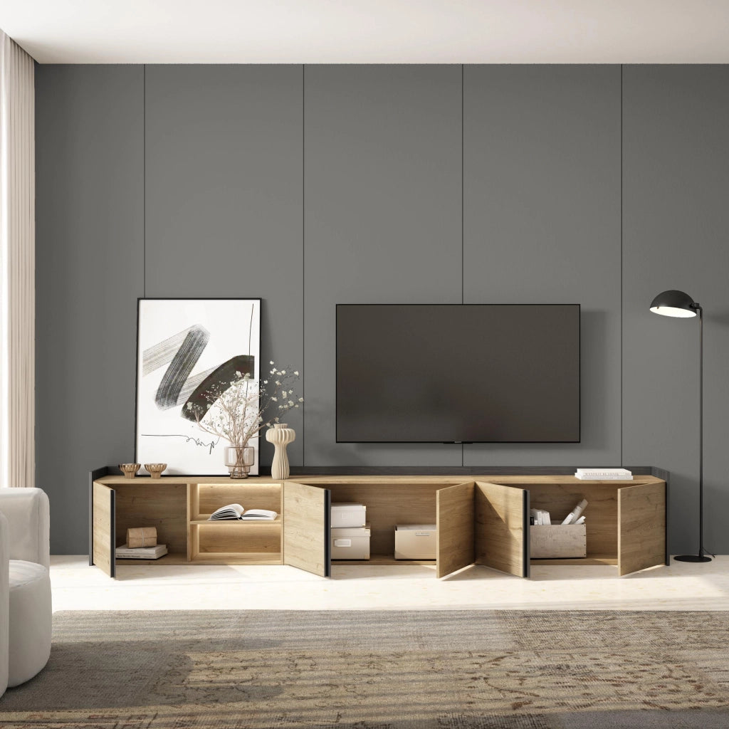 Mobile TV Soggiorno, 309x50x35 cm, Per TV fino a 80", LED, Rovere e nero