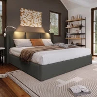 Letto Matrimoniale con Contenitore, Luci di Lettura e Funzione di Ricarica USB, Senza materasso, 160x200 cm, Grigio