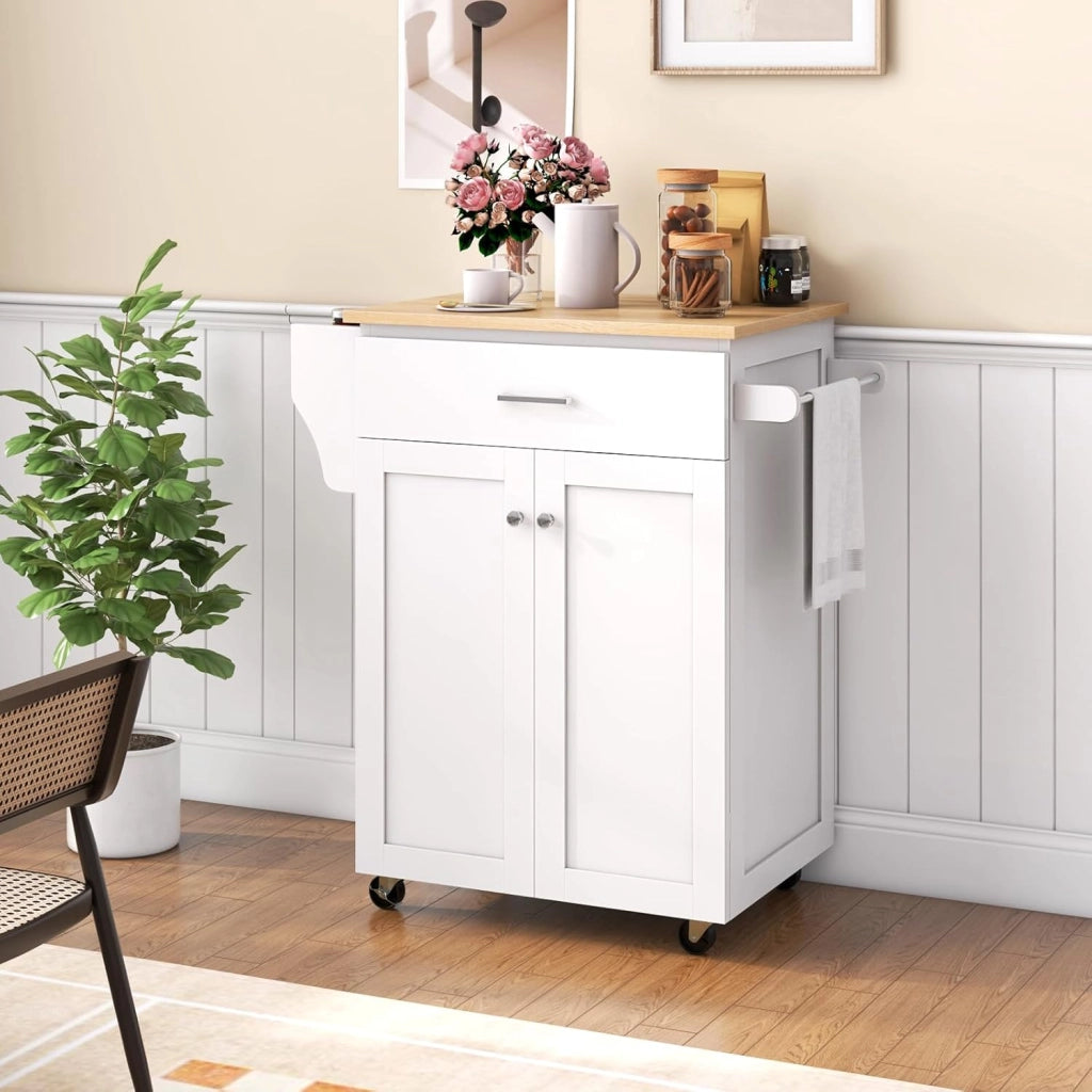Carrello Portavivande con Cassetto, Portaspezie e Portasciugamani, Carrello Cucina con Ruote, Isola con Ripiano Regolabile per Sala da Pranzo, 83 x 48 x 91 cm, Bianco