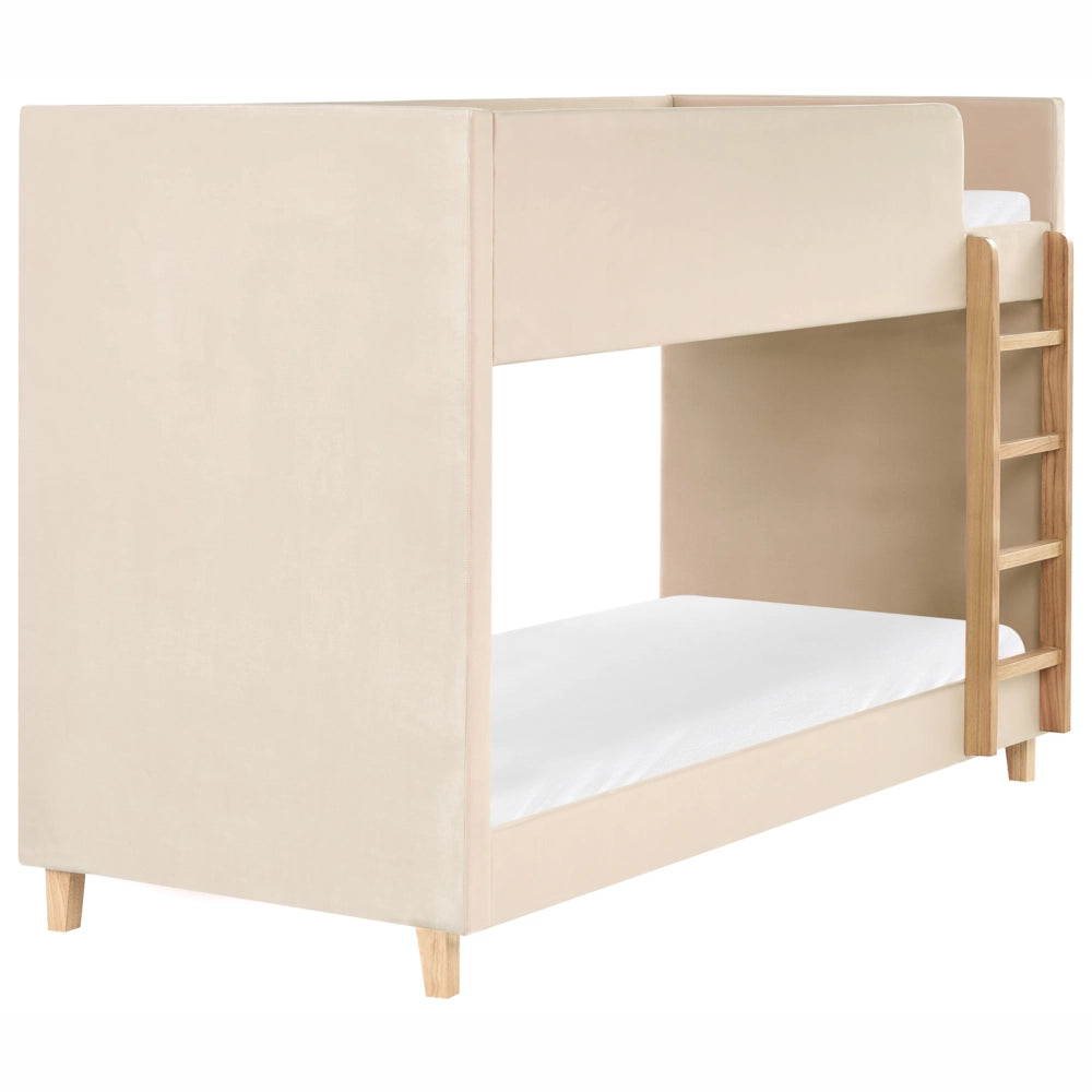 Letto a castello 3 piedi per bambini alto imbottito in velluto e scaletta in in legno di pioppo beige chiaro 90x200 cm cameretta