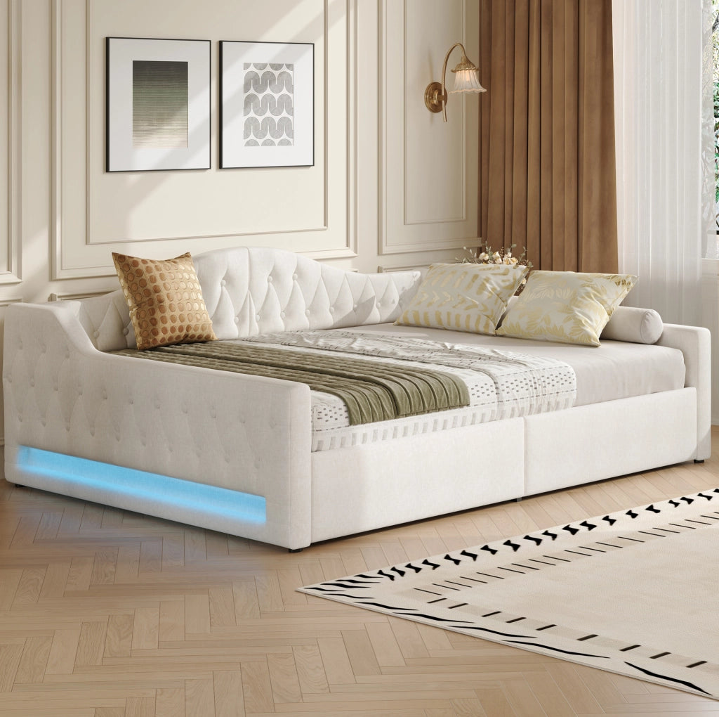 Letto a scomparsa imbottito 140x200 cm con LED e contenitore; beige