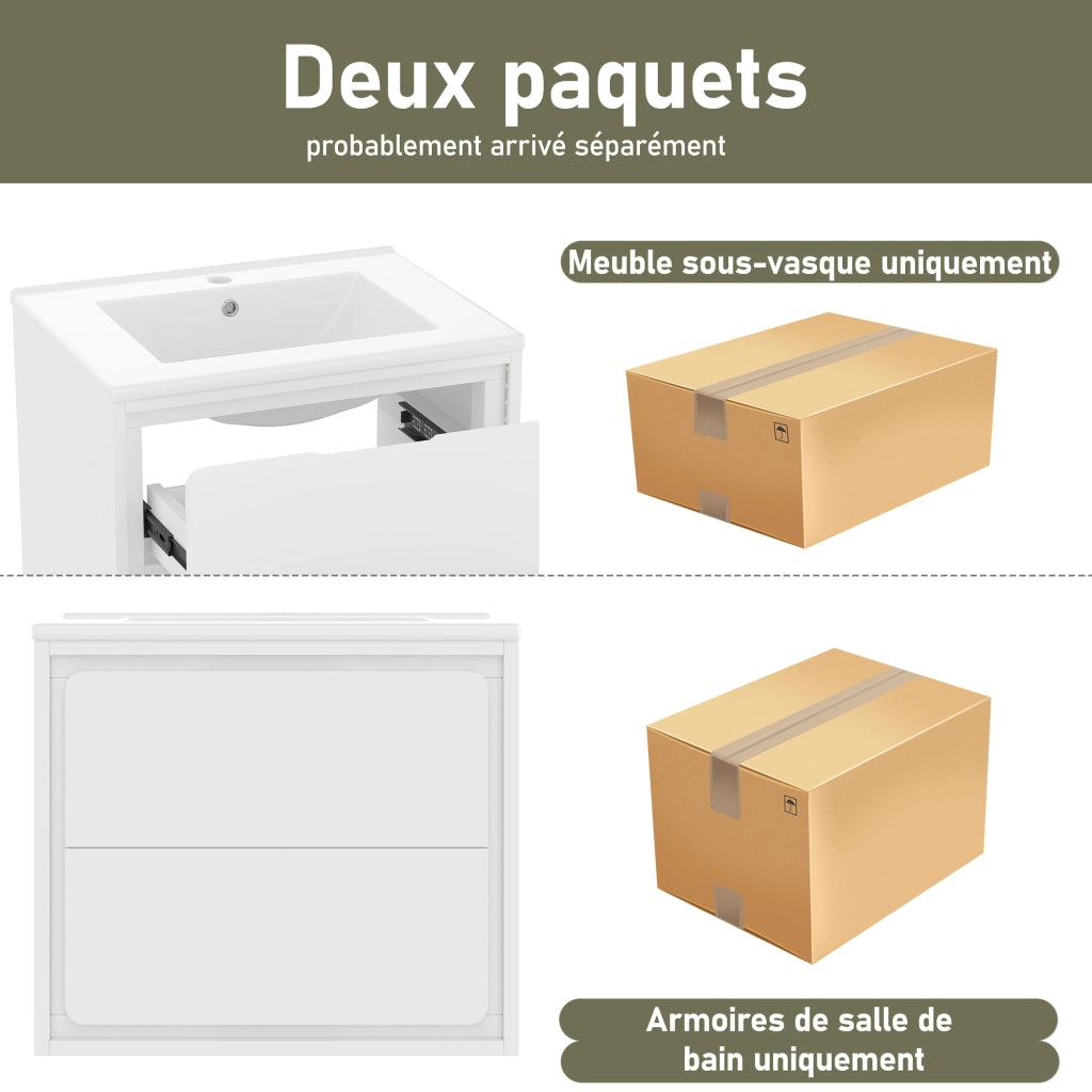 Mobile sottolavabo da bagno con lavabo in ceramica, 2 cassetti, LED con sensore radar, per bagno, bianco 60 × 46 × 50 cm