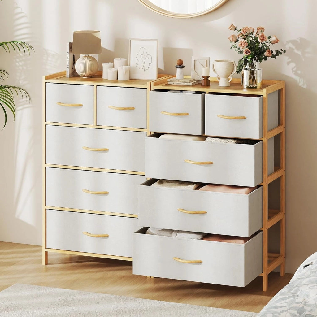 Cassettiera con 5 cassetti in tessuto pieghevole, con telaio in bambù e protezione antiribaltamento, armadio verticale per camera da letto, soggiorno, ufficio, 58 x 30 x 94 cm