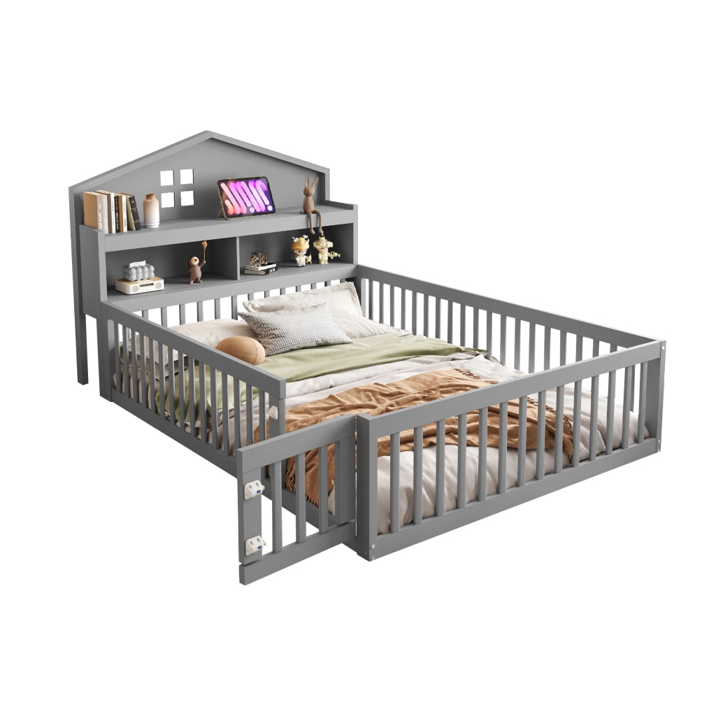Letto per bambini grigio in legno massello con funzione casa 140x200 cm