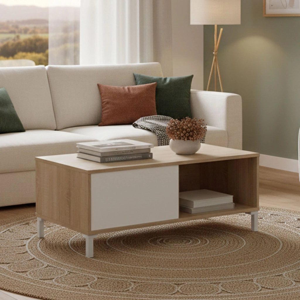 Tavolino da salotto Axinia, Tavolino da caffÒ¨, Tavolo basso da soggiorno, cm 100x50h40, Rovere e Bianco