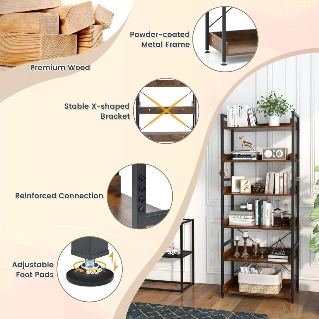 Libreria a 6 Livelli, Scaffale con 4 Ganci, in Metallo, per Soggiorno, Studio, 69 x 34 x 177 cm