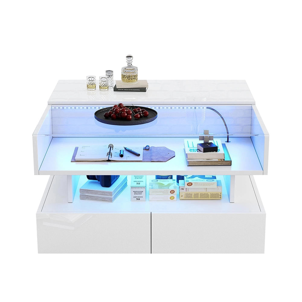 Tavolino regolabile - Xylo - 80x80cm vetro temperato 2 cassetti LED bianco