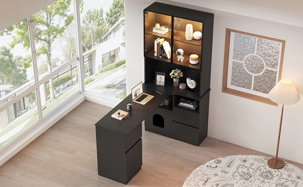 Scrivania angolare con vetrina LED, 3 cassetti, 2 ante e vani aperti, per studio, in MDF nero, 120 × 80 × 180 cm