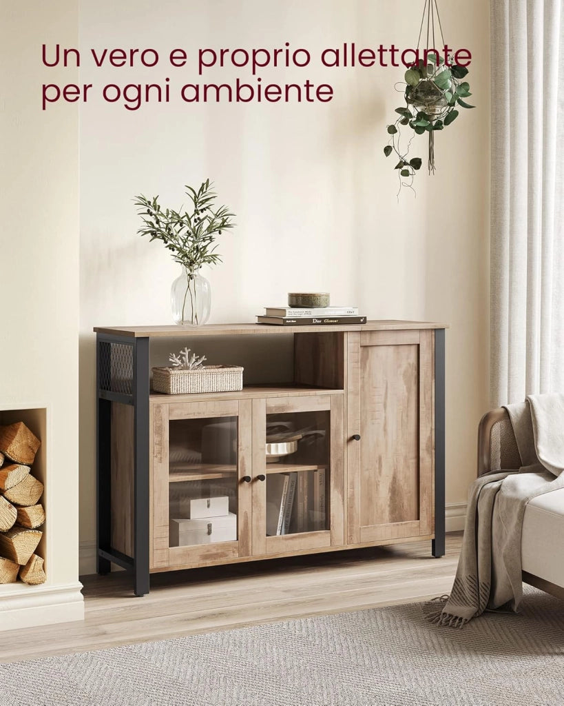 VASAGLE Credenza, Mobile da Cucina, Mobile Contenitore, con 3 Ante, per Soggiorno, Cucina, Sala da Pranzo, 33 x 110 x 75 cm, Stile Country, Marrone Cammello e Nero Inchiostro LSC096B50